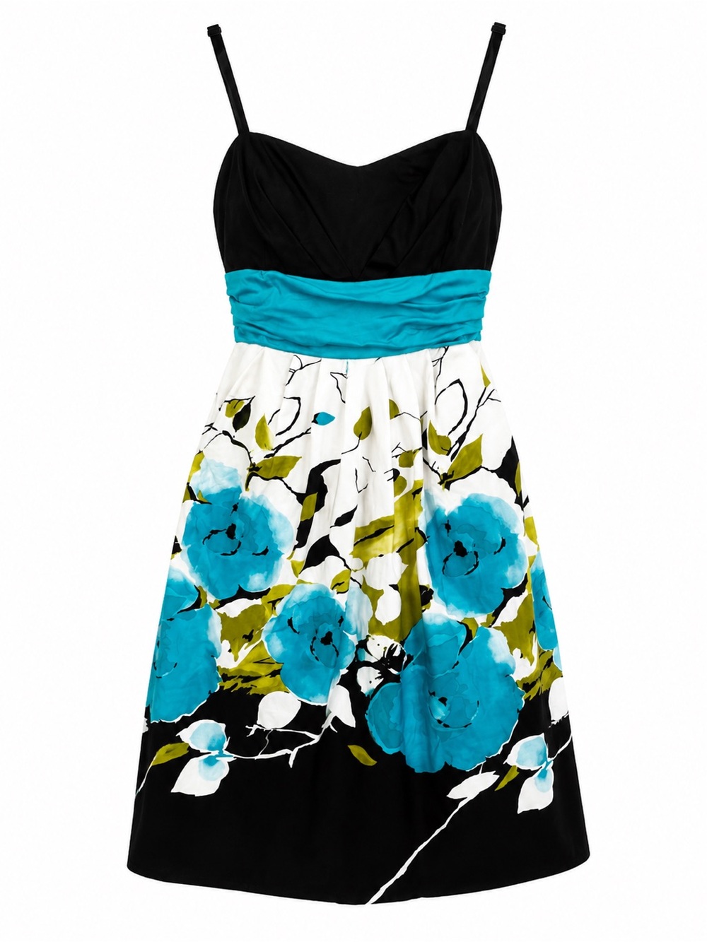 I.N. San Francisco Black and Teal Floral Strapless Fit-and-Flare Dress